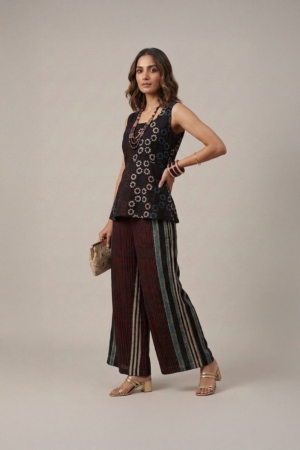 Black Indo Western set with printed sleeveless top and striped palazzo