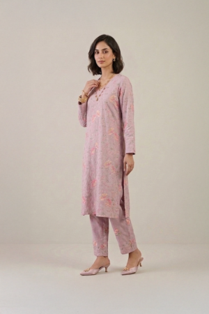 Blush Pink Kurta with floral print and straight pants