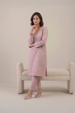 Blush Pink Kurta with floral print and straight pants