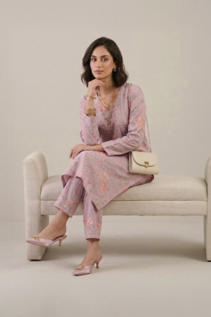 Blush Pink Kurta with floral print and straight pants