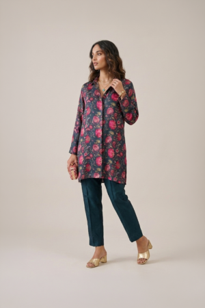 Floral printed shirt dress with botanical pattern and relaxed tunic silhouette
