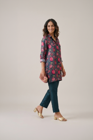 Floral printed shirt dress with botanical pattern and relaxed tunic silhouette