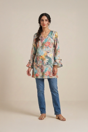Floral printed kurta with multicolor design and V neckline
