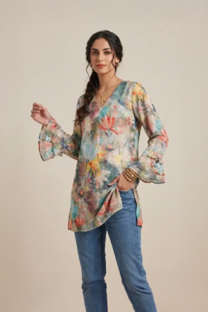 Floral printed kurta with multicolor design and V neckline