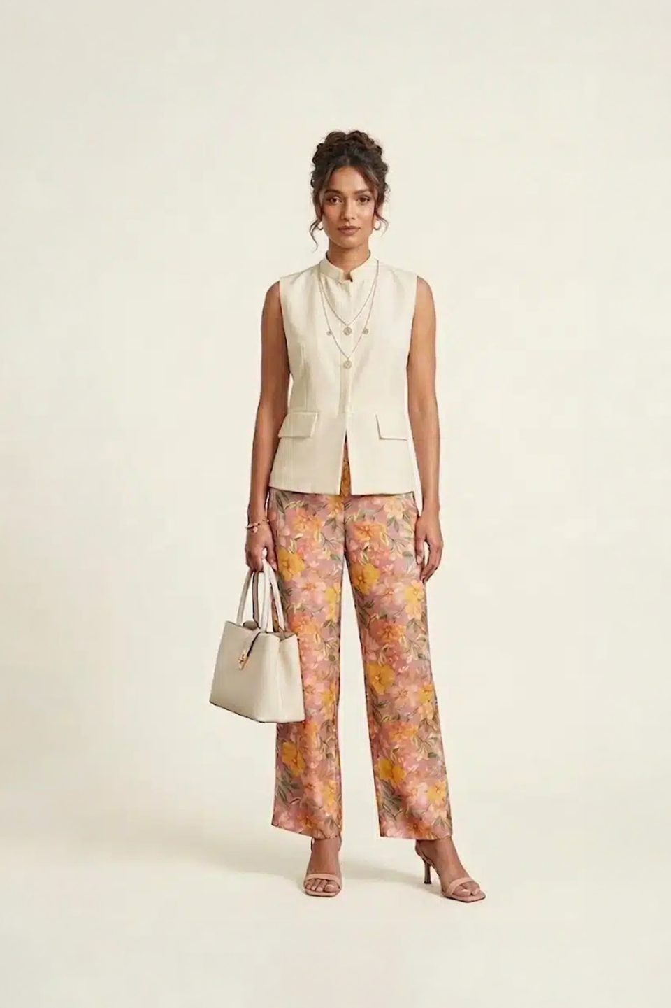floral wide leg pants with sleeveless beige jacket set for women