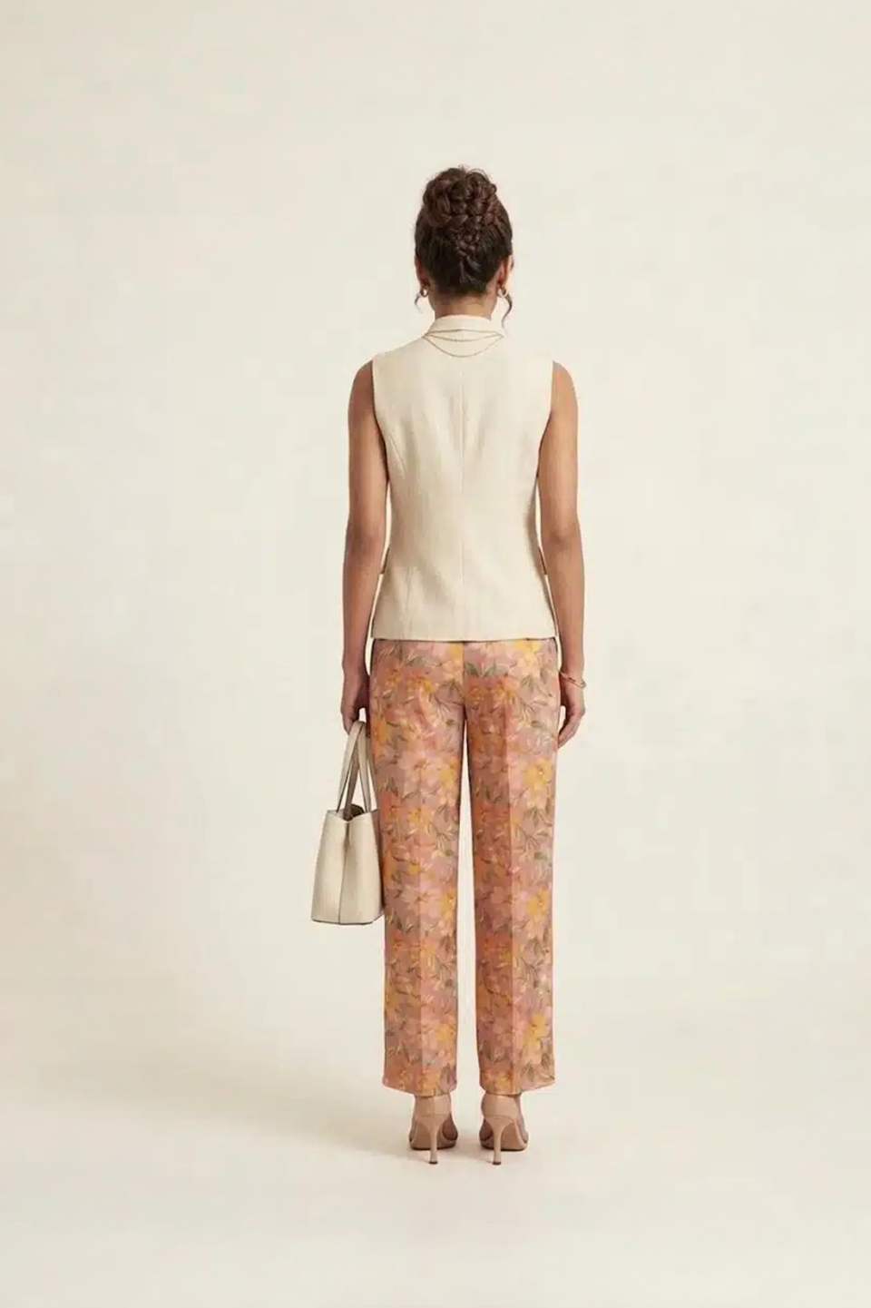 floral wide leg pants with sleeveless beige jacket set for women