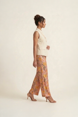 floral wide leg pants with sleeveless beige jacket set for women