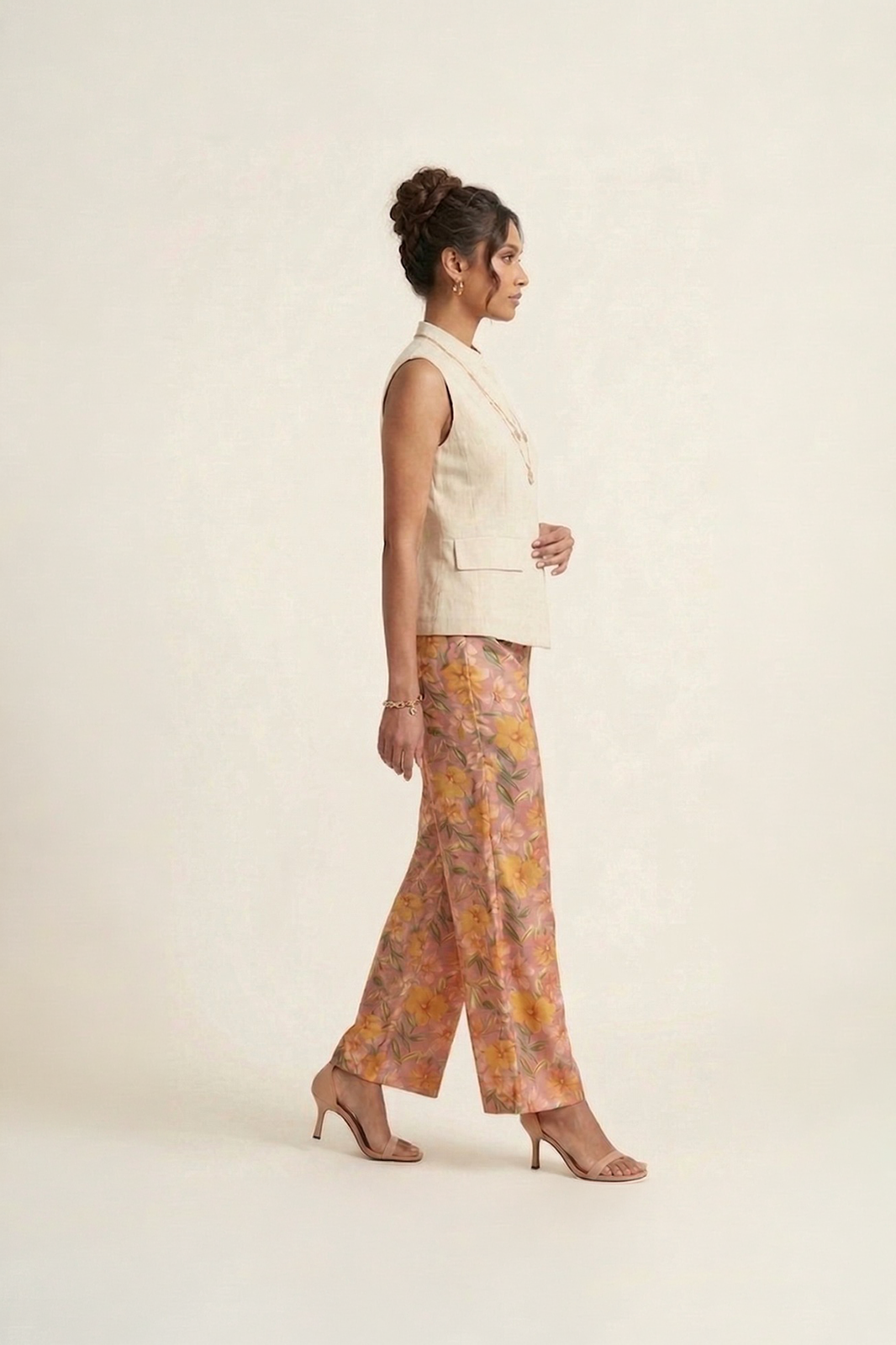 floral wide leg pants with sleeveless beige jacket set for women