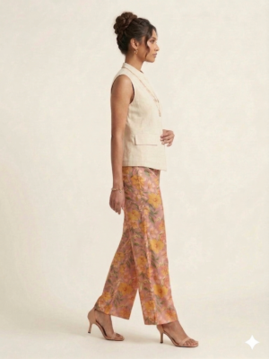 floral wide leg pants with sleeveless beige jacket set for women