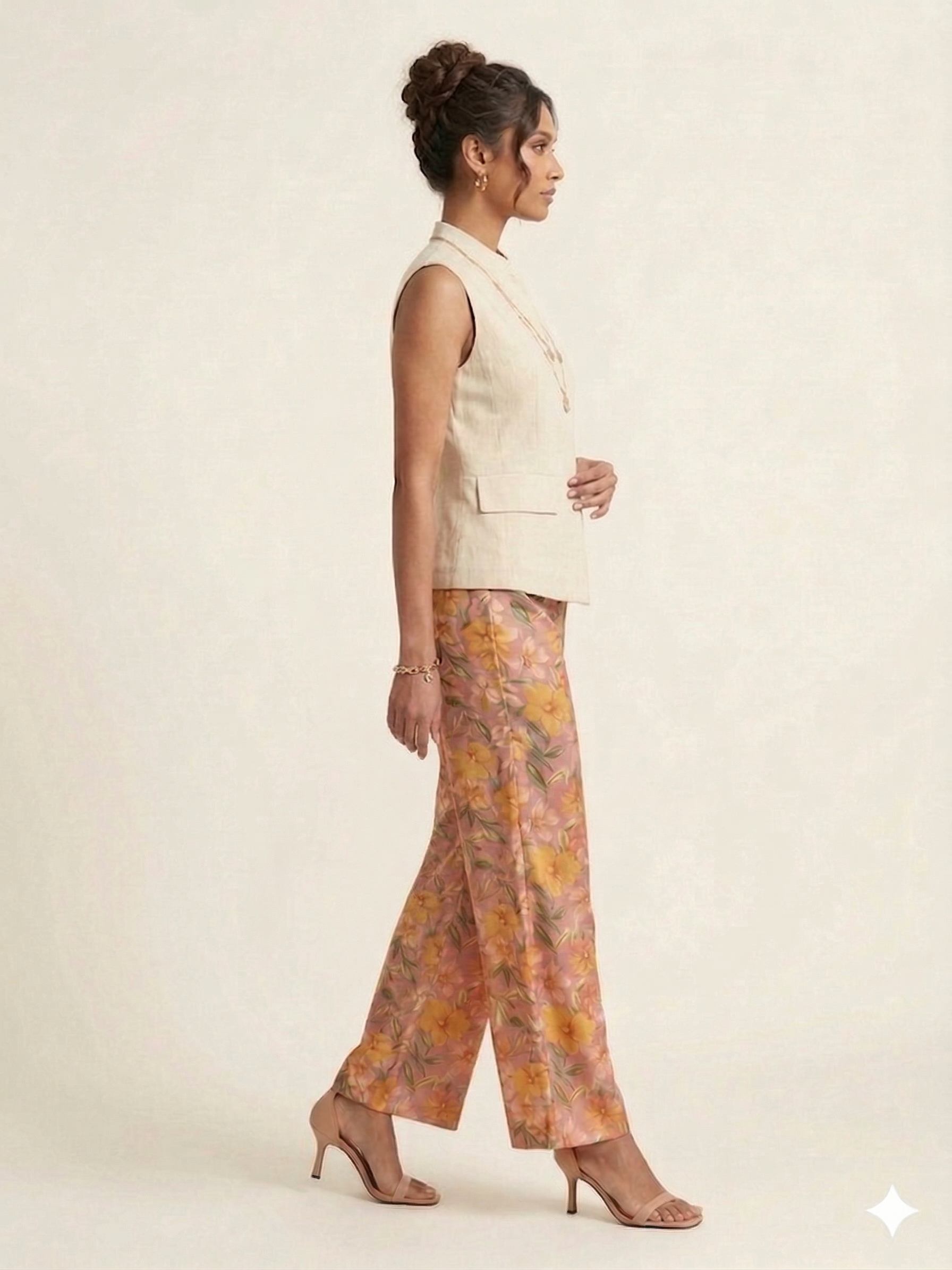 floral wide leg pants with sleeveless beige jacket set for women
