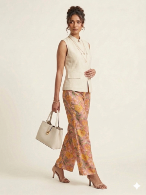 floral wide leg pants with sleeveless beige jacket set for women