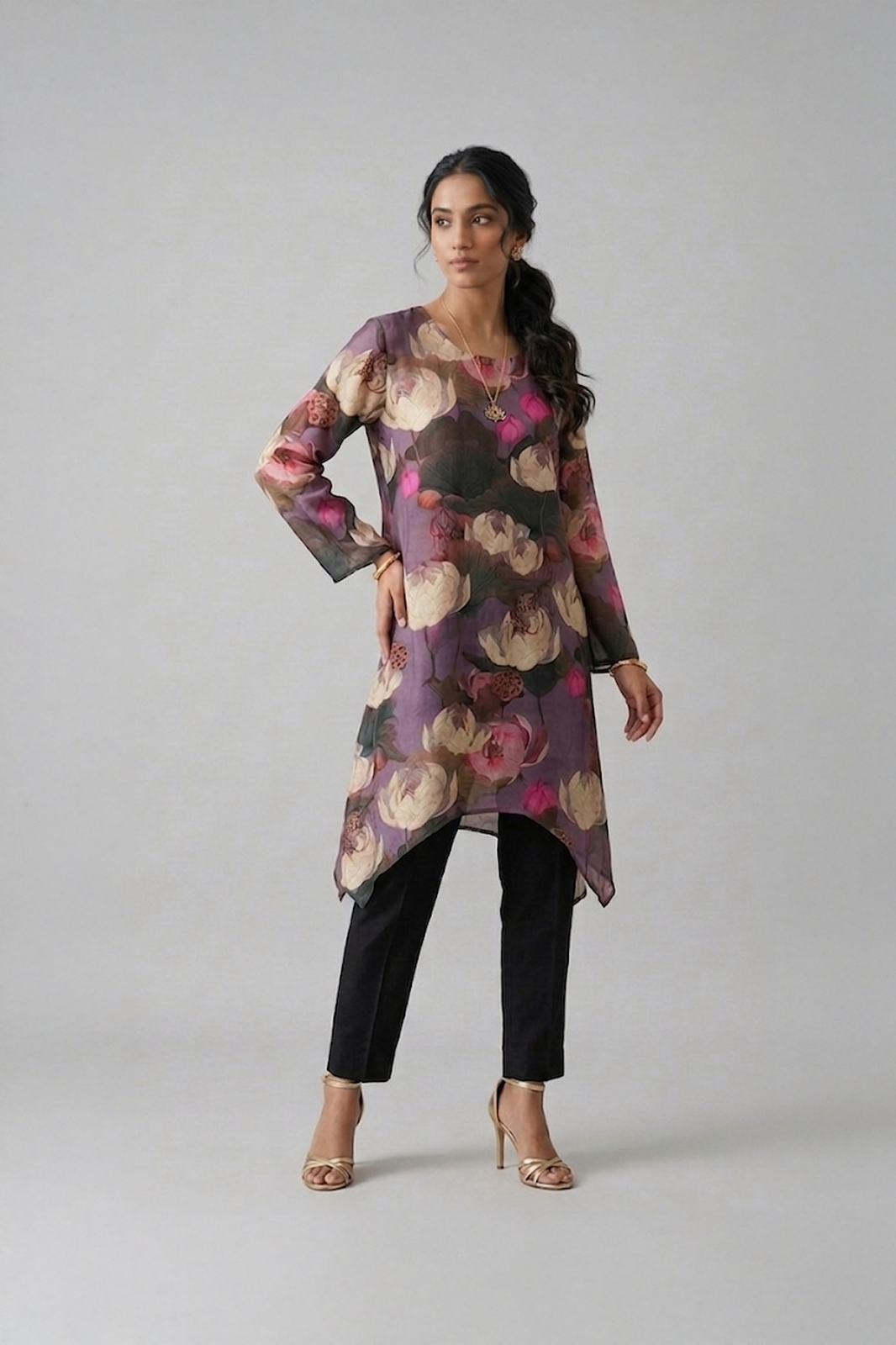 floral asymmetrical kurta set for women