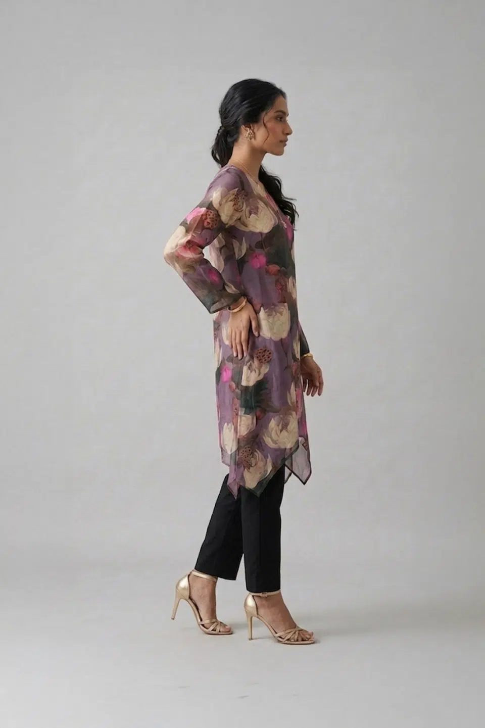 Midnight Bloom floral asymmetrical tunic, alternate styling view
