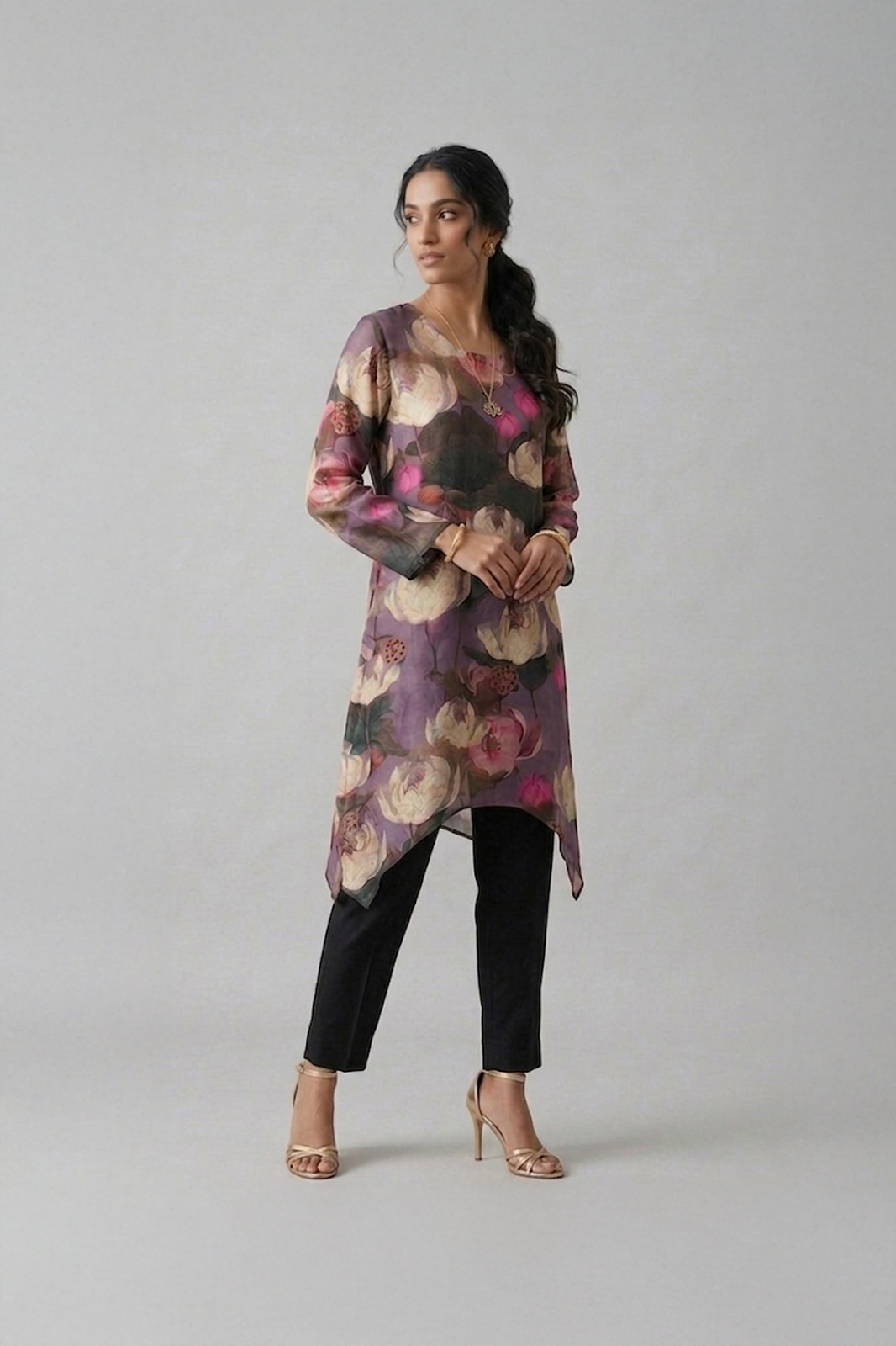 floral asymmetrical kurta set for women