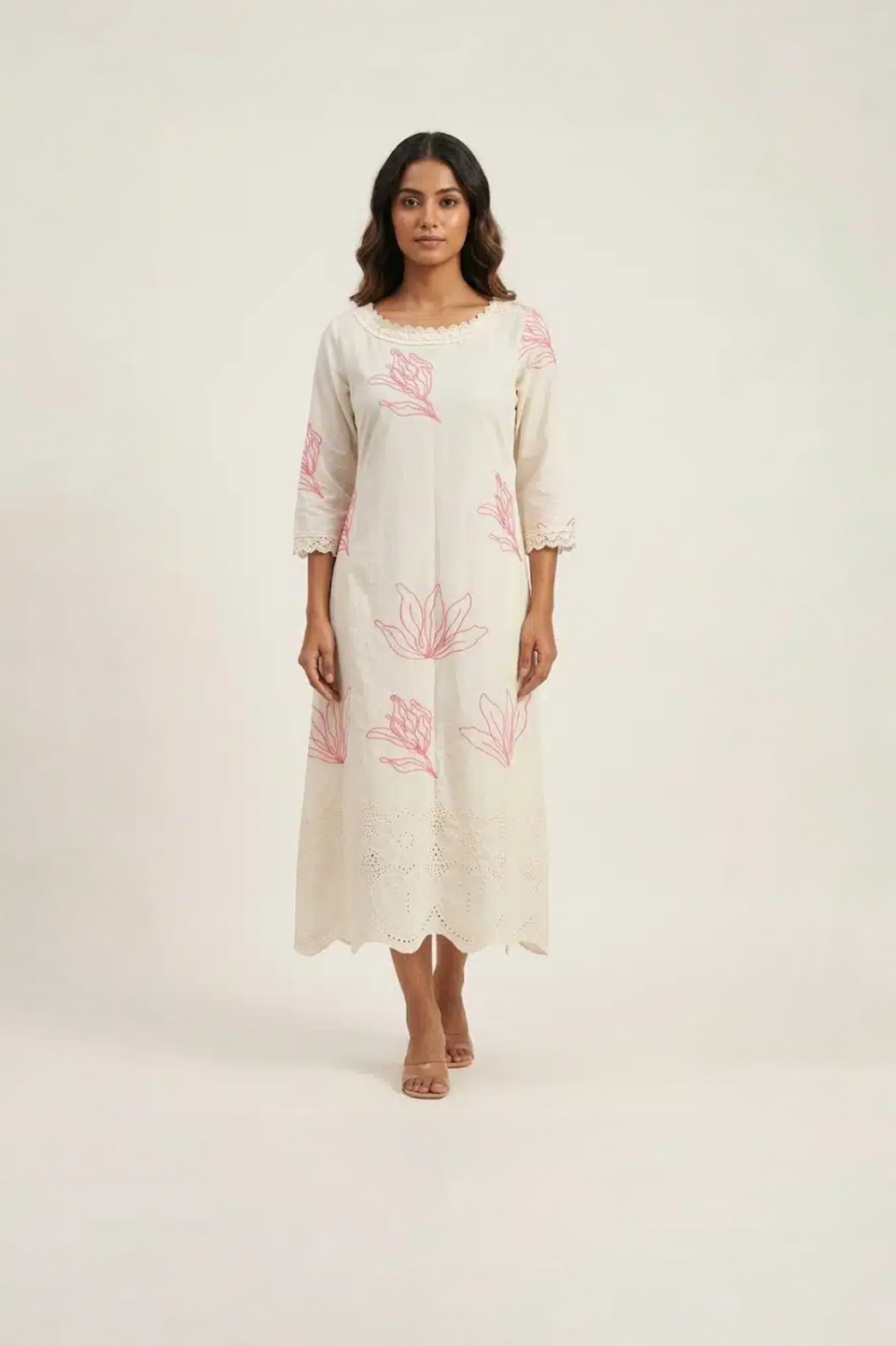 off white embroidered midi dress with pink floral detailing