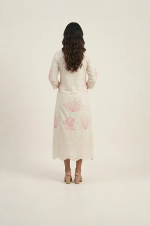 off white embroidered midi dress with pink floral detailing