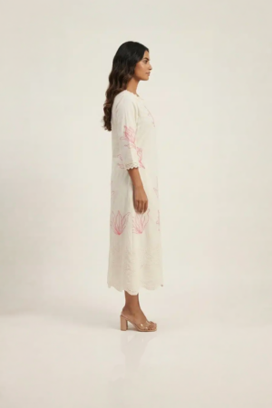 off white embroidered midi dress with pink floral detailing