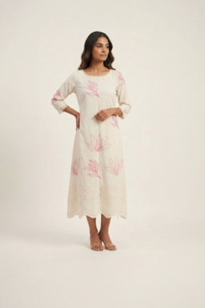 off white embroidered midi dress with pink floral detailing