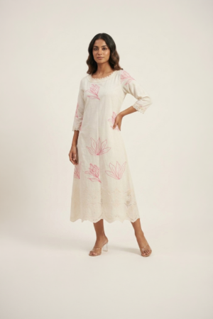 off white embroidered midi dress with pink floral detailing