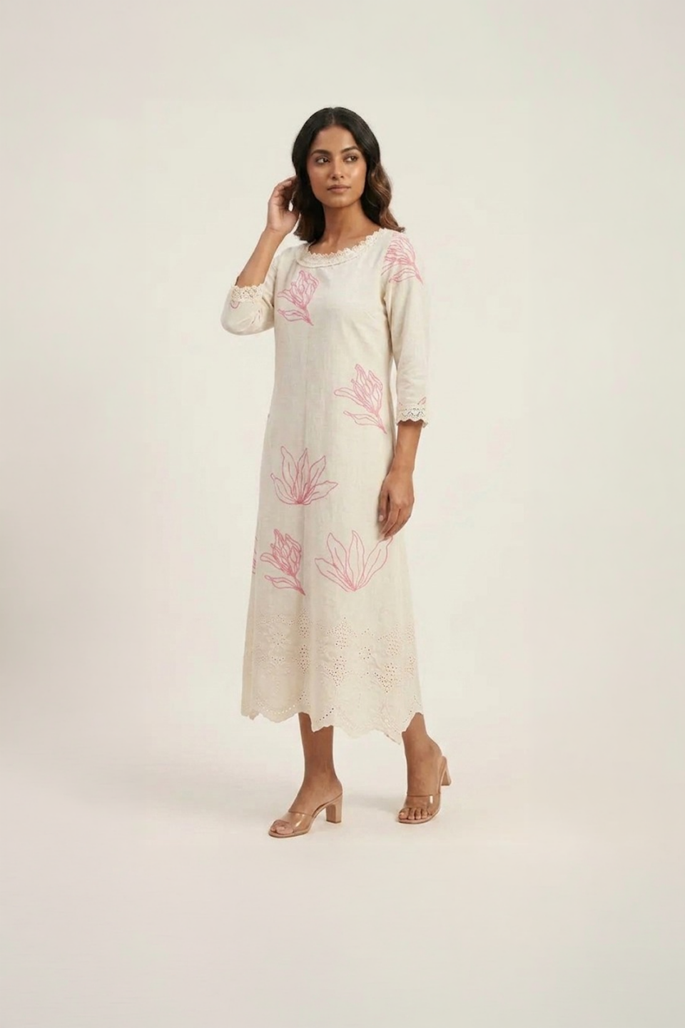 off white embroidered midi dress with pink floral detailing