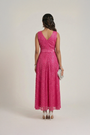 Pink lace dress with sleeveless design and midi length