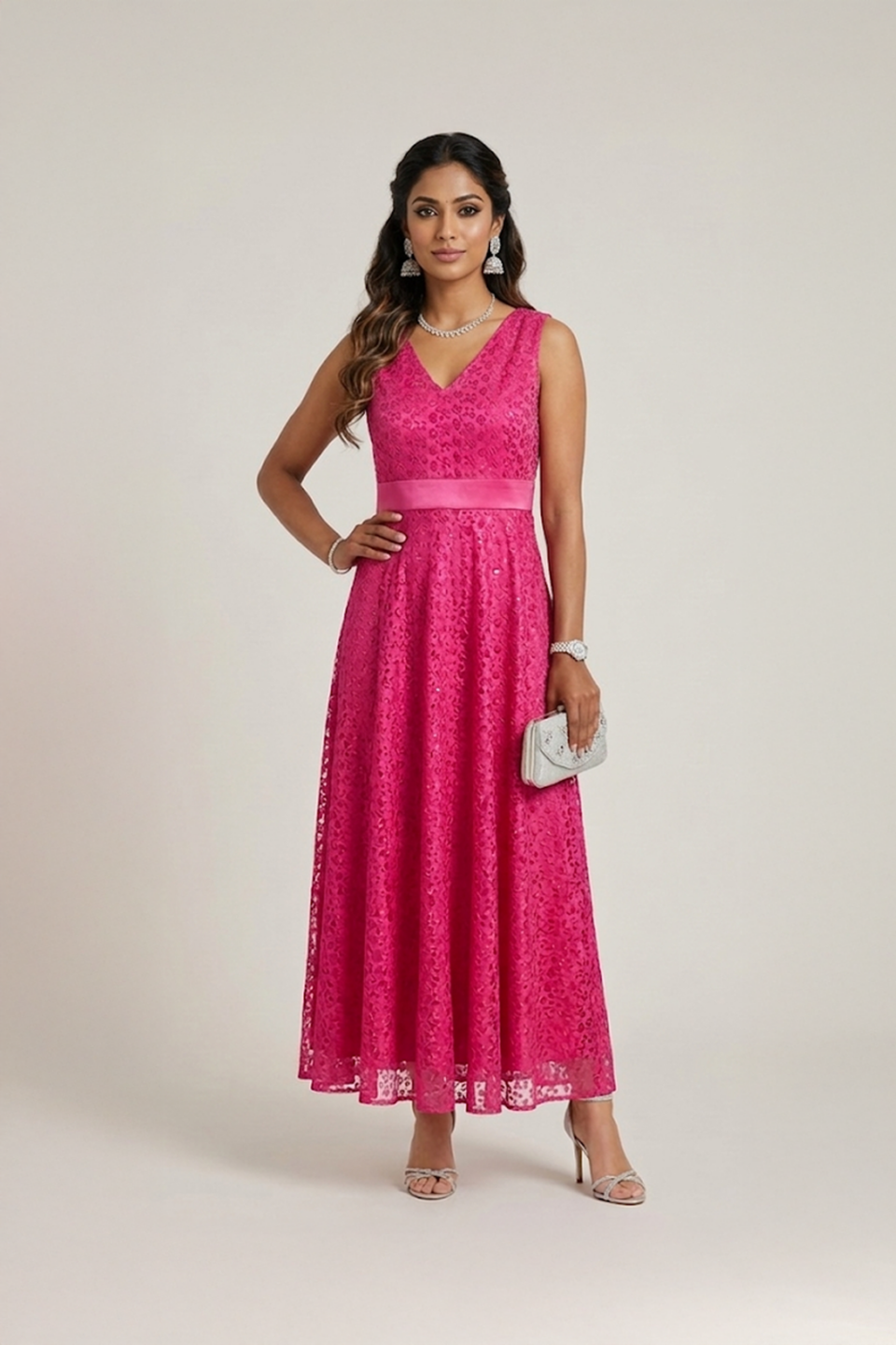 Pink lace dress with sleeveless design and midi length