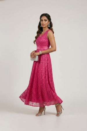 Pink lace dress with sleeveless design and midi length