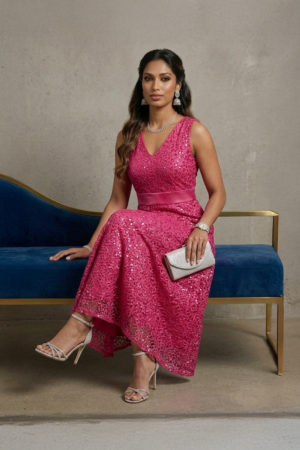 Pink lace dress with sleeveless design and midi length