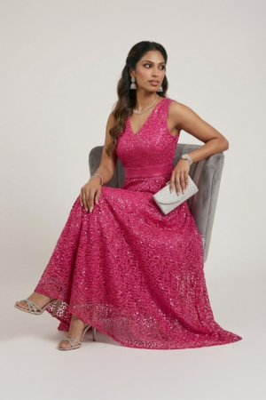 Pink lace dress with sleeveless design and midi length