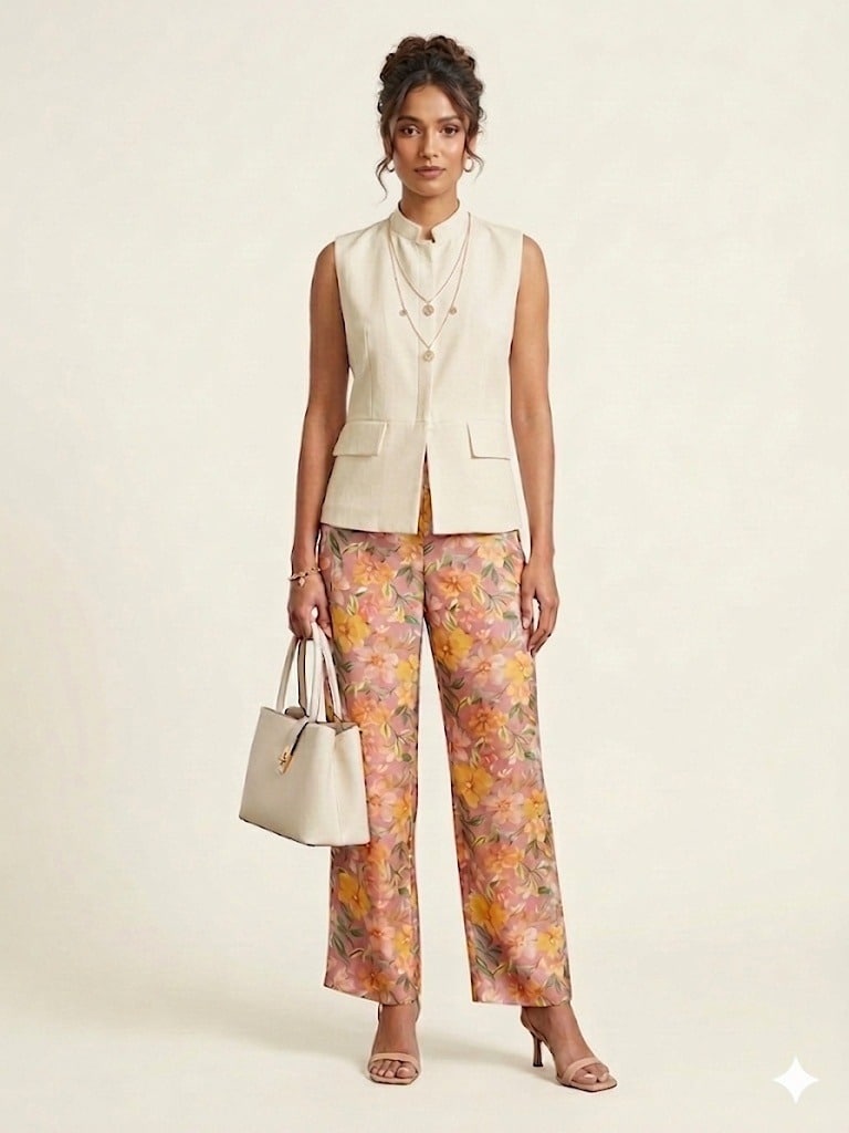 floral wide leg pants with sleeveless beige jacket set for women