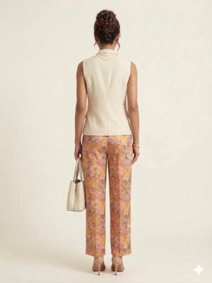 floral wide leg pants with sleeveless beige jacket set for women
