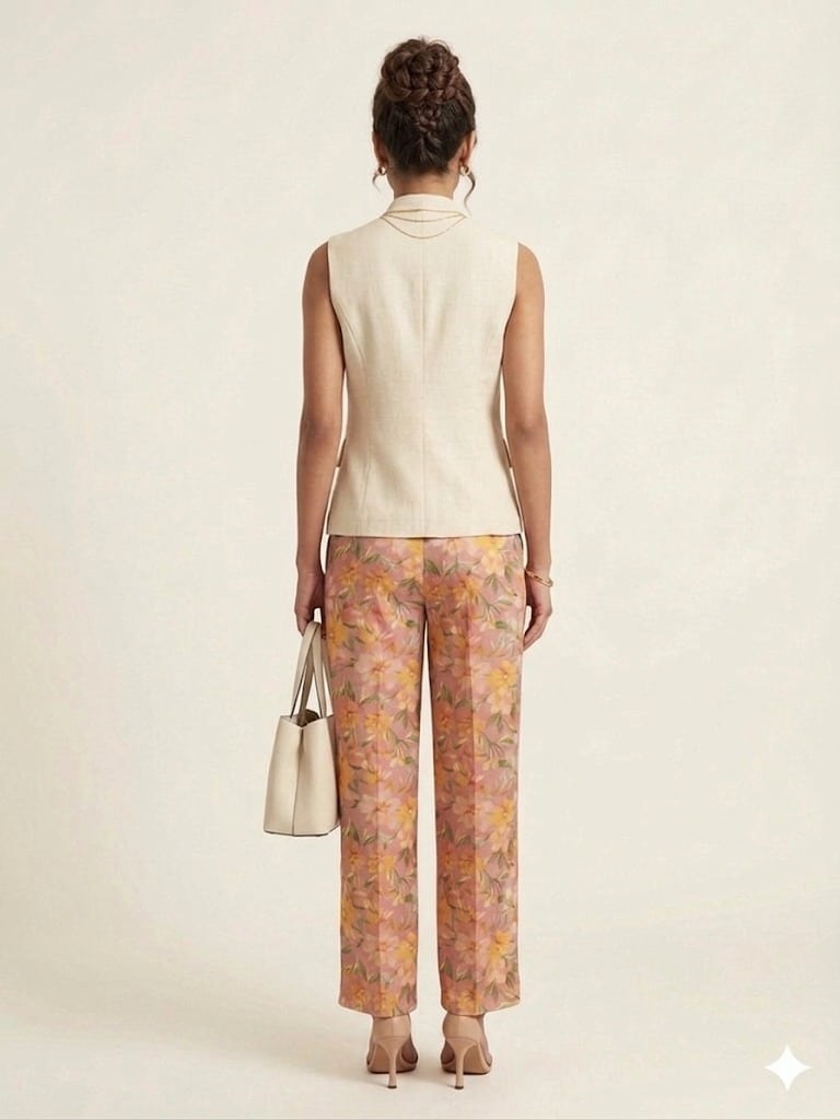 floral wide leg pants with sleeveless beige jacket set for women