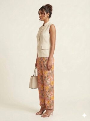 floral wide leg pants with sleeveless beige jacket set for women