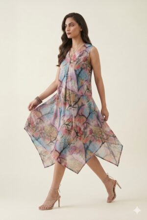 Woman wearing a pastel abstract floral printed sleeveless midi dress with an asymmetrical handkerchief hem, styled with strappy heels against a neutral background.