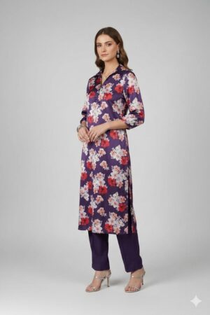 “Purple floral kurta set for women with V-neck and three-quarter sleeves”