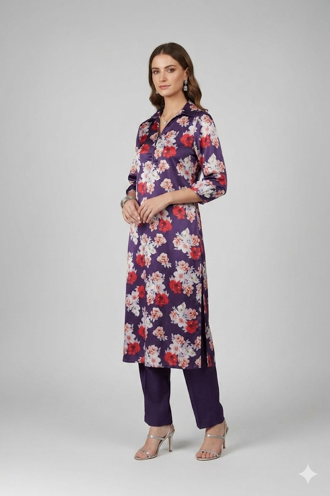 “Purple floral kurta set for women with V-neck and three-quarter sleeves”