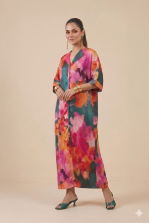 Floral satin kaftan dress for women by Ivory by Radhika