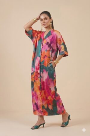 Floral satin kaftan dress for women by Ivory by Radhika