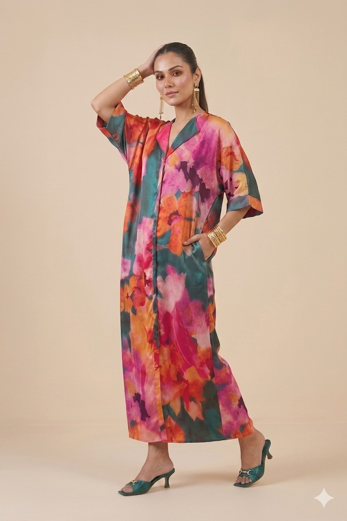Floral satin kaftan dress for women by Ivory by Radhika