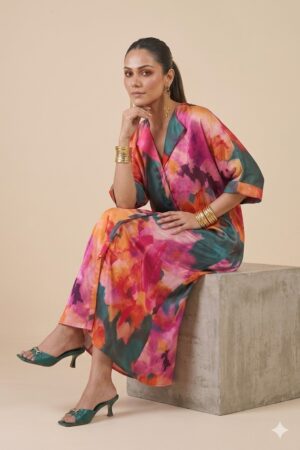 Floral satin kaftan dress for women by Ivory by Radhika