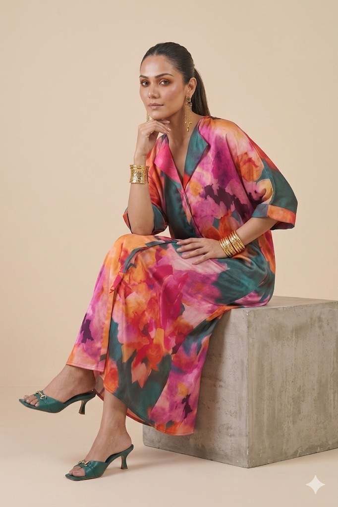 Floral satin kaftan dress for women by Ivory by Radhika