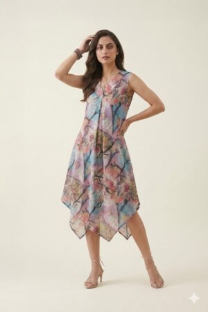 Woman wearing a pastel abstract floral printed sleeveless midi dress with an asymmetrical handkerchief hem, styled with strappy heels against a neutral background.