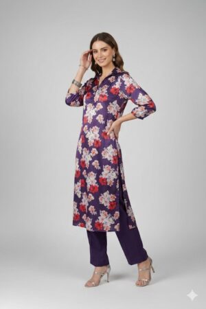 “Purple floral kurta set for women with V-neck and three-quarter sleeves”
