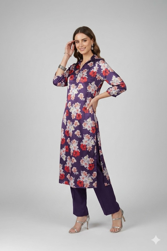“Purple floral kurta set for women with V-neck and three-quarter sleeves”