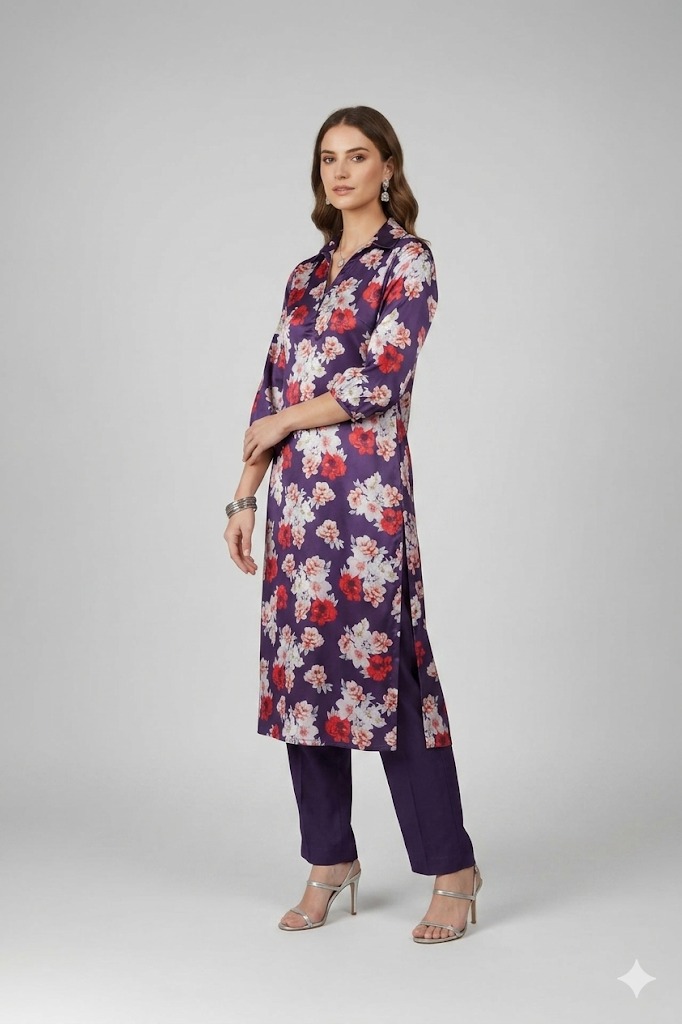 “Purple floral kurta set for women with V-neck and three-quarter sleeves”