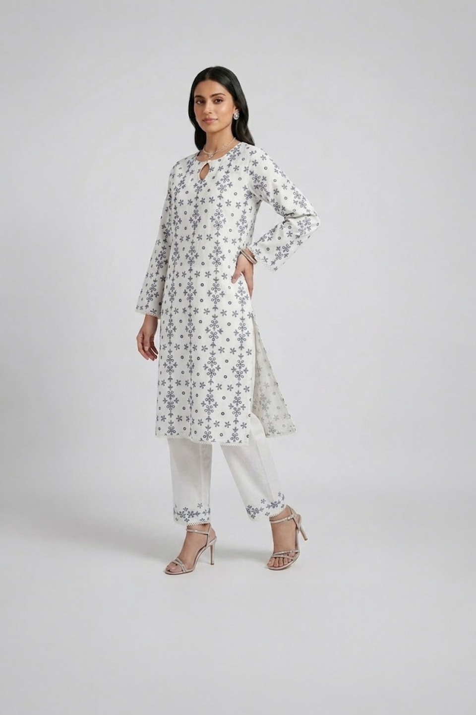 Ivory Snowflake Printed Kurta Suit
