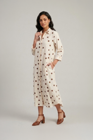 Beige polka dot shirt dress for women in cotton midi length with relaxed fit