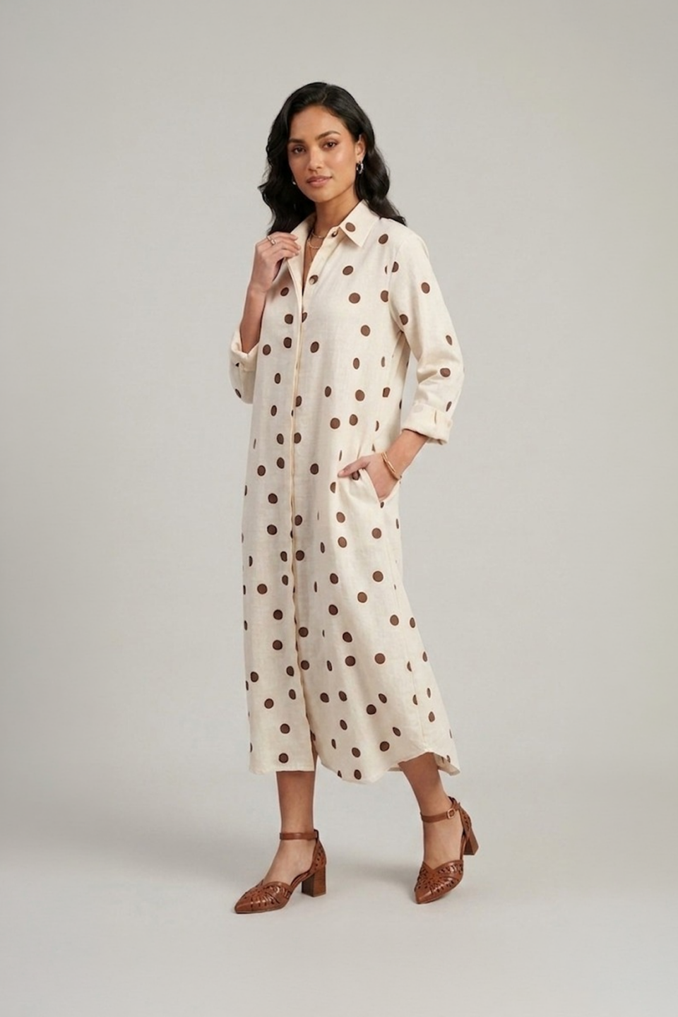 Beige polka dot shirt dress for women in cotton midi length with relaxed fit
