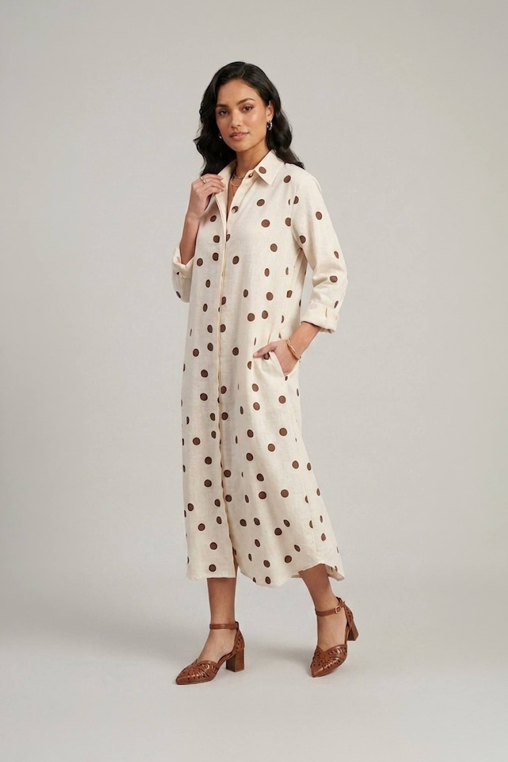 Beige polka dot shirt dress for women in cotton midi length with relaxed fit