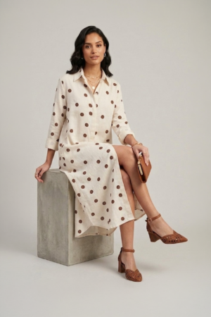 Beige polka dot shirt dress for women in cotton midi length with relaxed fit